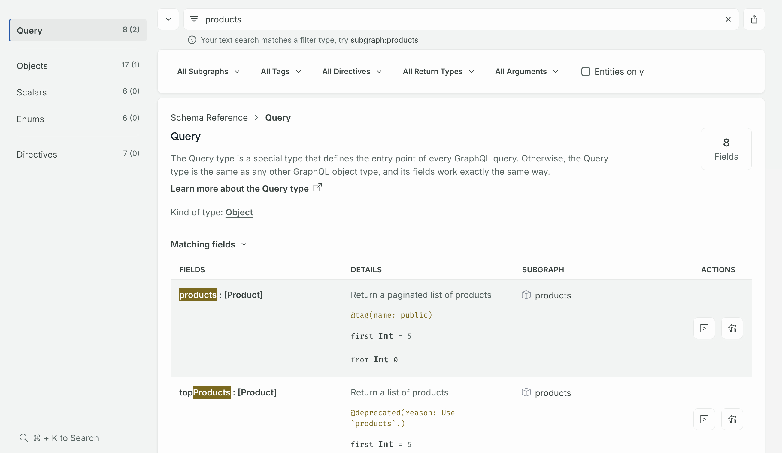 Schema page filter box and dropdowns